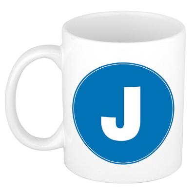 Koffie mok met de letter J - beker - blauw - eerste letter van een voornaam - wit - 300 ml