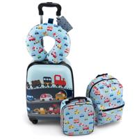 Set van 5 Koffers voor Kinderen Set Verrijdbare Koffers voor Kinderen met Rugzak Nekkussen Etiquette Lunchtas Stevige Bagage-Blauw