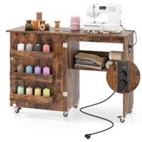Opvouwbare Naaitafel met Oplaadstation Opvouwbare Knutselwagen met Rek en Lades Notenhout