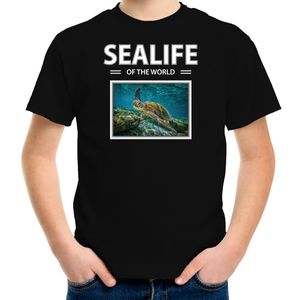 Zeeschildpad t-shirt met dieren foto sealife of the world zwart voor kinderen XL (158-164)  -