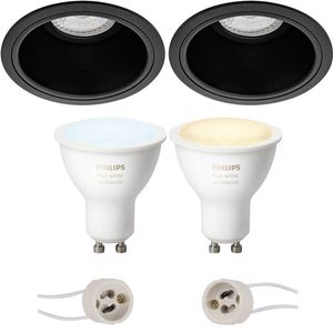 Pragmi Minko Pro - Inbouw Rond - Mat Zwart - Verdiept - Ø90mm - Philips Hue - LED Spot Set GU10 - White Ambiance - Bluetooth