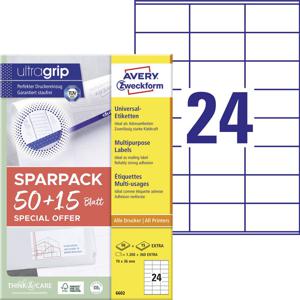 Avery-Zweckform 6602 Universele etiketten 70 x 36 mm Papier Wit 1560 stuk(s) Permanent hechtend Laser (kleur), Laser (zwart/wit)