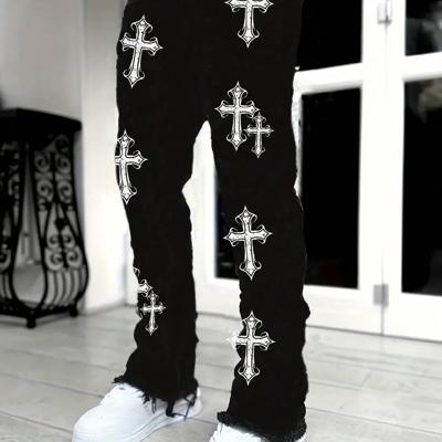 Men's Cross Print Skinny Jeans - Black Y2K Stretch Denim Pants 28