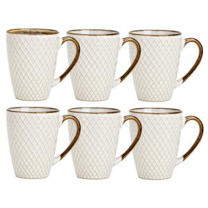 Koffiemokken Marbella - 6x stuks - Keramiek - wit/goud - 300 ml - 8 x 11 cm