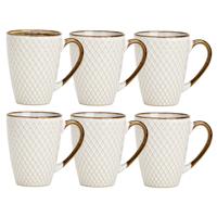 Koffiemokken Marbella - 6x stuks - Keramiek - wit/goud - 300 ml - 8 x 11 cm