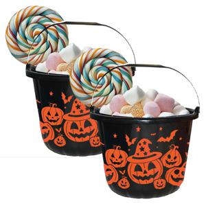 Trick or treat snoep emmertje - 2x - pompoen thema - zwart - 18 x 16 cm - Halloween snoepjes ophalen