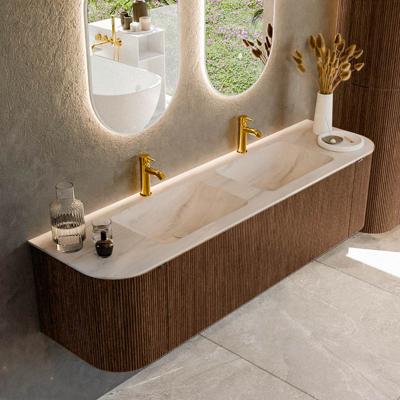 Badmeubel Mondiaz Kurve-Dlux | 170 cm | Meubelkleur Walnut | Wastafelkleur Meli | Solid surface | Wasbak beide zijden spoelbak | 2 kraangaten