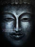 Karo-art Schilderij - Donkere Boeddha (print op canvas), Zwart wit , 3 maten , Wanddecoratie