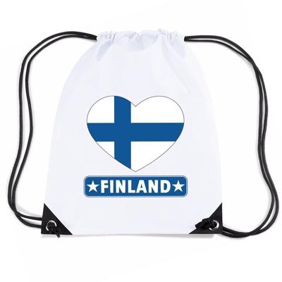 Finland thema sporttas - nylon rijgkoord rugzak - wit met hartjes vlag print - supporters
