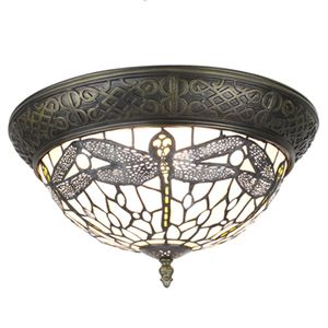 LumiLamp Plafondlamp Tiffany Ø 38 cm Wit Bruin Kunststof Glas Rond Plafonniere Wit Plafonniere