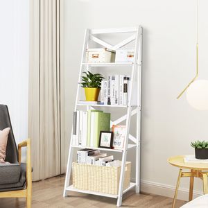 4-Laags Ladderplank Moderne Hoekboekenplank met Dwarsbalk Opbergplank Displayrek Plantenbloemenstandaard Wit 50x46x143cm