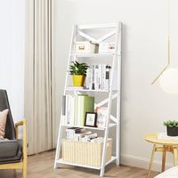 4-Laags Ladderplank Moderne Hoekboekenplank met Dwarsbalk Opbergplank Displayrek Plantenbloemenstandaard Wit 50x46x143cm