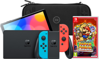 Nintendo Switch OLED Rood/Blauw + Paper Mario + BlueBuilt Beschermhoes - thumbnail
