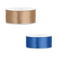 Bellatio decorations 2x rollen satijn cadeaulint/sierlint - 2.5 cm x 25 meter - blauw en goud