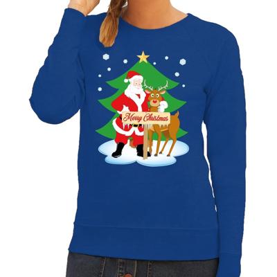Foute kersttrui - sweater - De kerstman en rendier Rudolf - blauw - voor dames