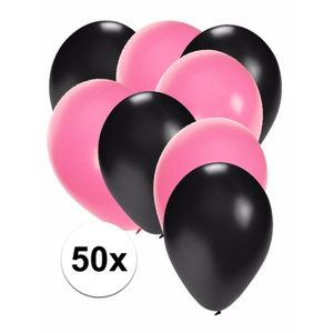 50x ballonnen - 27 cm - zwart / lichtroze versiering