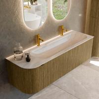 Badmeubel Mondiaz Kurve-Dlux | 145 cm | Meubelkleur Dusk | Wastafelkleur Meli | Solid surface | Wasbak rechter zijde spoelbak | 2 kraangaten