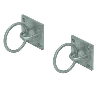 Aanlegring op muurplaat - 2x - zilver - staal verzinkt - 6x6 cm - kettingring / touwring