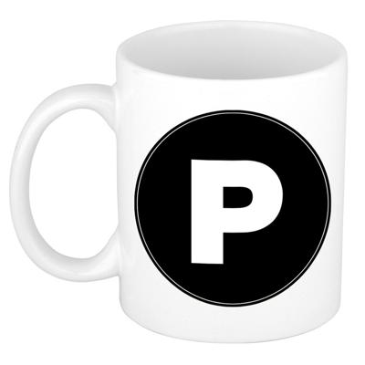 Koffie mok met de letter P - beker - zwart - eerste letter van een voornaam - wit - 300 ml