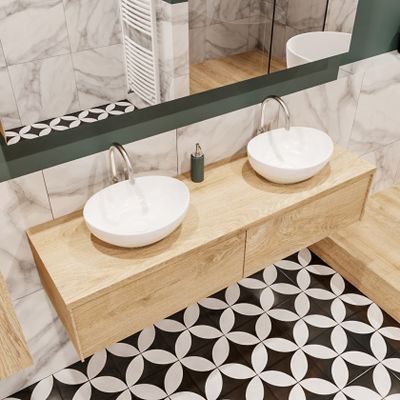Mondiaz Lush Barco badmeubel Washed oak 150 cm 2 lades mdf 2 waskommen beide zijden 2 kraangaten