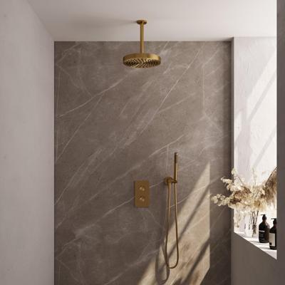 BRAUER Stripe Thermostatische Inbouw Regendouche - 3-weg - rechthoekig - SET 15 - 25cm douchekop - plafondarm - staaf handdouche - doucheslang - wandaansluitbocht - goud geborsteld PVD 5-GG-393