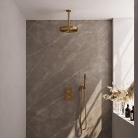 BRAUER Stripe Thermostatische Inbouw Regendouche - 3-weg - rechthoekig - SET 15 - 25cm douchekop - plafondarm - staaf handdouche - doucheslang - wandaansluitbocht - goud geborsteld PVD 5-GG-393