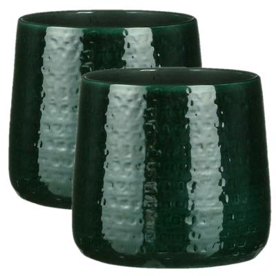 Plantenpot/bloempot keramiek donkergroen relief patroon - 2x - D24/H21 cm