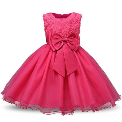 Rose rood meisjes mouwloos Rose Flower patroon Bow-knoop Lace Dress Toon jurk Kid grootte: 100cm