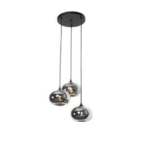 QAZQA Art Deco hanglamp zwart met smoke glas rond 3-lichts- Busa