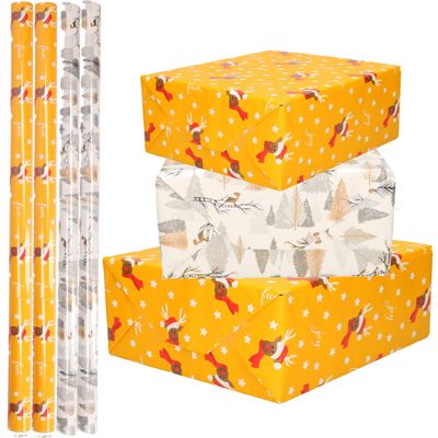 Set van 4x Rollen Kerst inpakpapier/cadeaupapier rendieren/vogels/bomen 2,5 x 0,7 meter