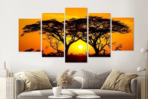 Karo-art Schilderij - Zonsondergang in Afrika, 5 luik, 200x100cm