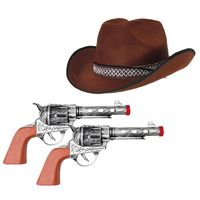 Cowboyhoed bruin en 2 revolvers verkleed set voor volwassenen - thumbnail