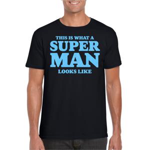 Verkleed T-shirt voor heren - super man - zwart - glitter blauw - carnaval/themafeest - Vaderdag