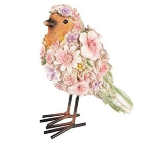 Clayre & Eef Beeld Vogel 7x10x12 cm Roze Polyresin Bloemen