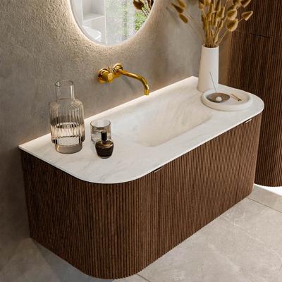 Badmeubel Mondiaz Kurve-Dlux | 100 cm | Meubelkleur Walnut | Wastafelkleur Opalo | Solid surface | Midden spoelbak | Zonder kraangat(en)