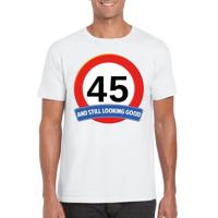 45 jaar and still looking good - t-shirt verkeersbord print - wit - heren - verjaardag