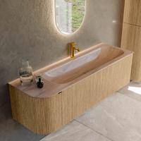 Badmeubel Mondiaz Kurve-Dlux | 145 cm | Meubelkleur Oak | Wastafelkleur Saba | Solid surface | Wasbak rechter zijde spoelbak | 1 kraangat