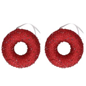 2x Kersthangers figuurtjes donut kerst rood met kraaltjes 10 cm