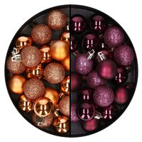 40x stuks kleine kunststof kerstballen koper en aubergine paars 3 cm