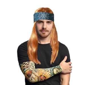 Carnaval Verkleed set Rocker/biker - Heren pruik bruin met haarband en arm sleeves met tattoos