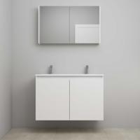 On-Line Badkamermeubelset - 100 cm - Bouwpakket - Greeploos 2 Deuren - Acryl Wastafel - 2 Kraangaten - Spiegelkast - Hoogglans Wit
