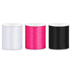 3x rollen hobby decoratie satijnlint zwart-wit-fuchsia roze 10 cm x 25 meter