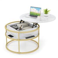 Salontafel met Opklapbaar Blad 80 cm Ronde Bijzettafel met Verborgen Vak en Zijplanken Cocktailtafel met 2 Niveaus voor Woonkamers
