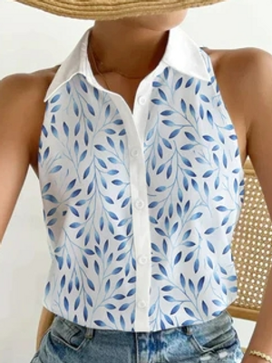 Shirt Collar Leaf Casual Blouse