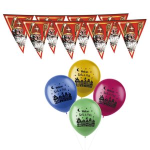 Sinterklaas versiering - 3x stuks plastic vlaggenlijnen 5 meter en 30x ballonnen