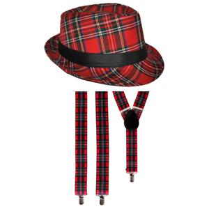 Carnaval Schotse ruit thema verkleed set - hoedje en bretels - rood tartan - heren