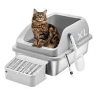 Roestvrijstalen Kattenbak met Hoge Randen en Accessoires, duifgrijs