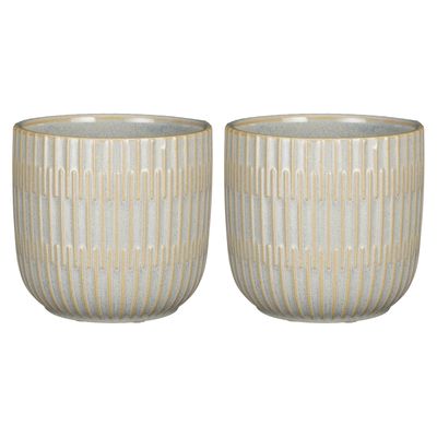 2x Stuks Plantenpot/bloempot keramiek lichtgrijs stripes patroon - D14/H13 cm