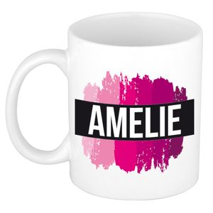 Naam cadeau mok / beker Amelie  met roze verfstrepen 300 ml   -