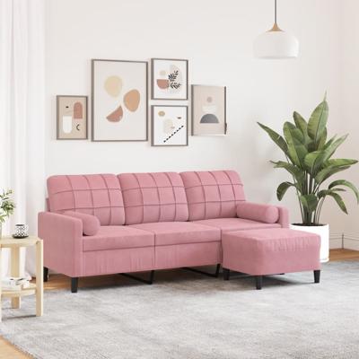 Driezitsbank met voetenbank 180 cm fluweel roze